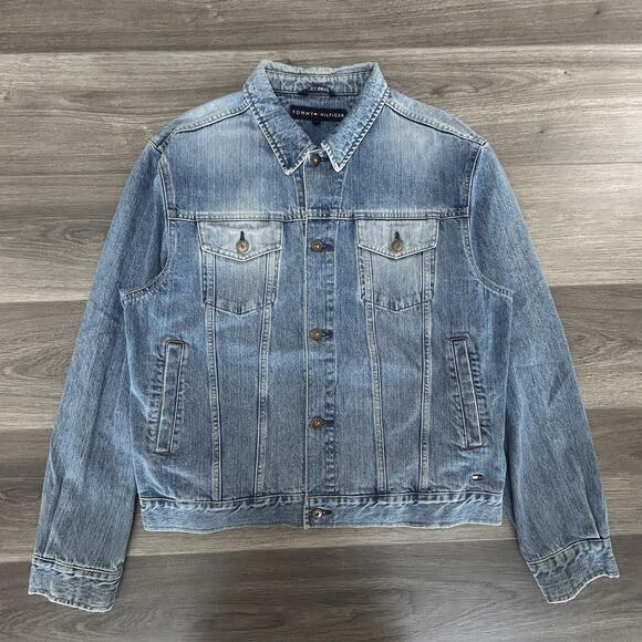 Vintage Tommy Hilfiger Denim Jacket Mens Large Blue Trucker Classic Jean Boxy - Picture 1 of 6